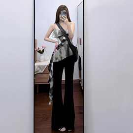 夏装美式晕染甜辣荷叶边吊带上衣女不规则chic设计感外穿无袖背心