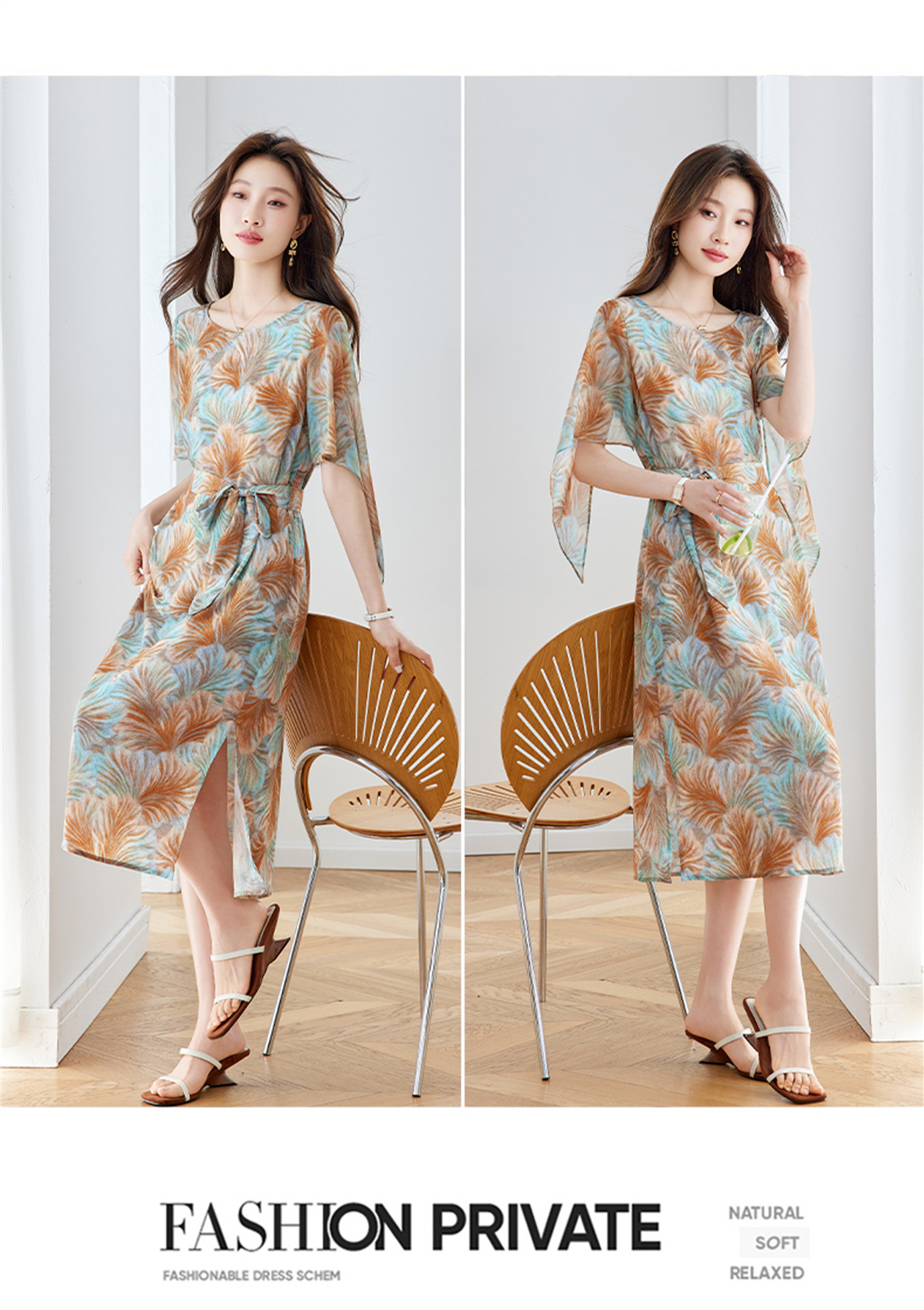 Đầm maxi nữ thắt eo in họa tiết hoa tay ngắn dáng suông che khuyết điểm — xanh lam, Màu hồng chi tiết 23
