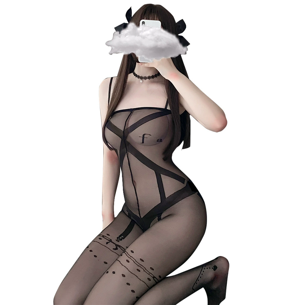 眉奈儿 Sexy нижнее белье, сексуальные полые цельные чулки-подвески, полупрозрачные черные чулки, соблазнительная открытая посадка, чулки без надевания