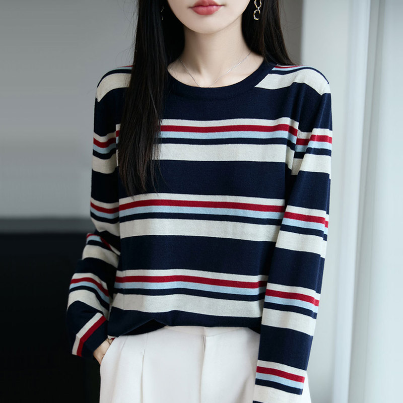 【厂家直供】早秋新款圆领条纹针织上衣女时尚百搭短款毛衣外搭衫|undefined