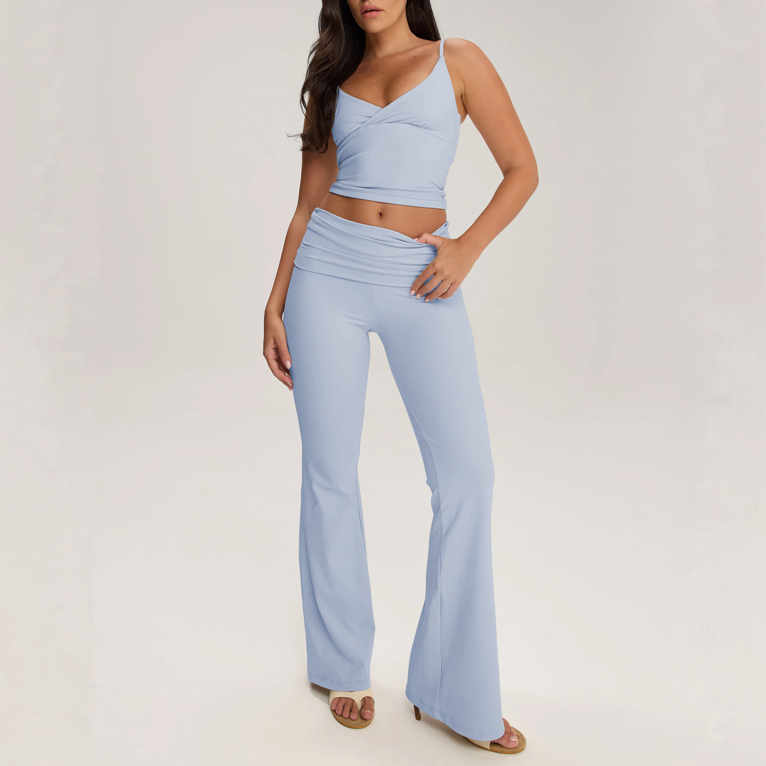 Nuevo conjunto de yoga plegable cabina de acondicionamiento físico chaqueta de mujer pantalones largos para correr pantalones deportivos de piernas anchas dos piezas image 10