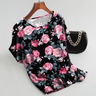 Cross-border Foreign Trade 2025 Summer New Ice Silk Printed T-shirt Loose Top plus size Women's Mother's Base Shirt