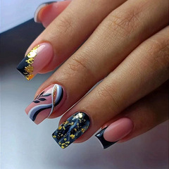 Black Sweet Cool French Gold Foil Curved Wave Leaf Beauty Nails Smoke Blending Ink Wash Style Wearable Nails Mixed Batch
