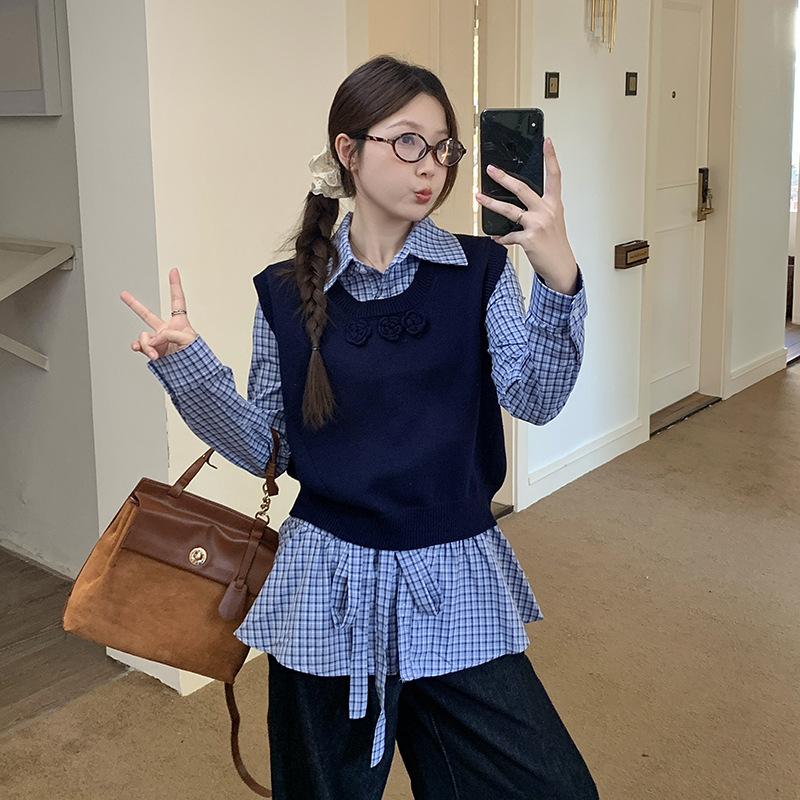 学院风蓝色格子衬衫女2025新款小众别致上衣春秋季衬衣马甲两件套|undefined