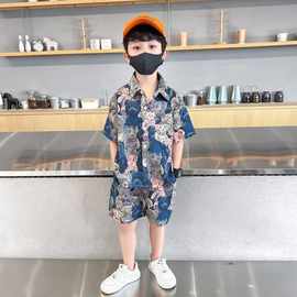 男童夏装套装2024新款男孩炸街港风花衬衫短裤两件套休闲冰丝衣服