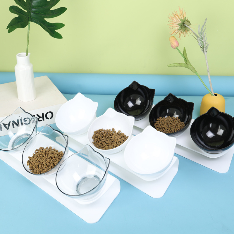 Cuenco de comida para gatos cuenco de gato antideslizante cuenco de alimentación oblicuo de dos colores tazón para beber tazón doble para mascotas tazón de plástico para mascotas