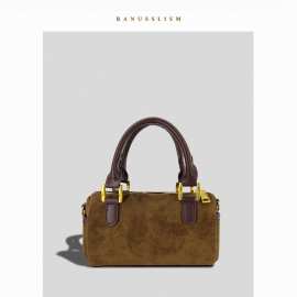 外贸跨境2025春季新复古绒面百搭单肩斜跨包枕头包波士顿手提女包