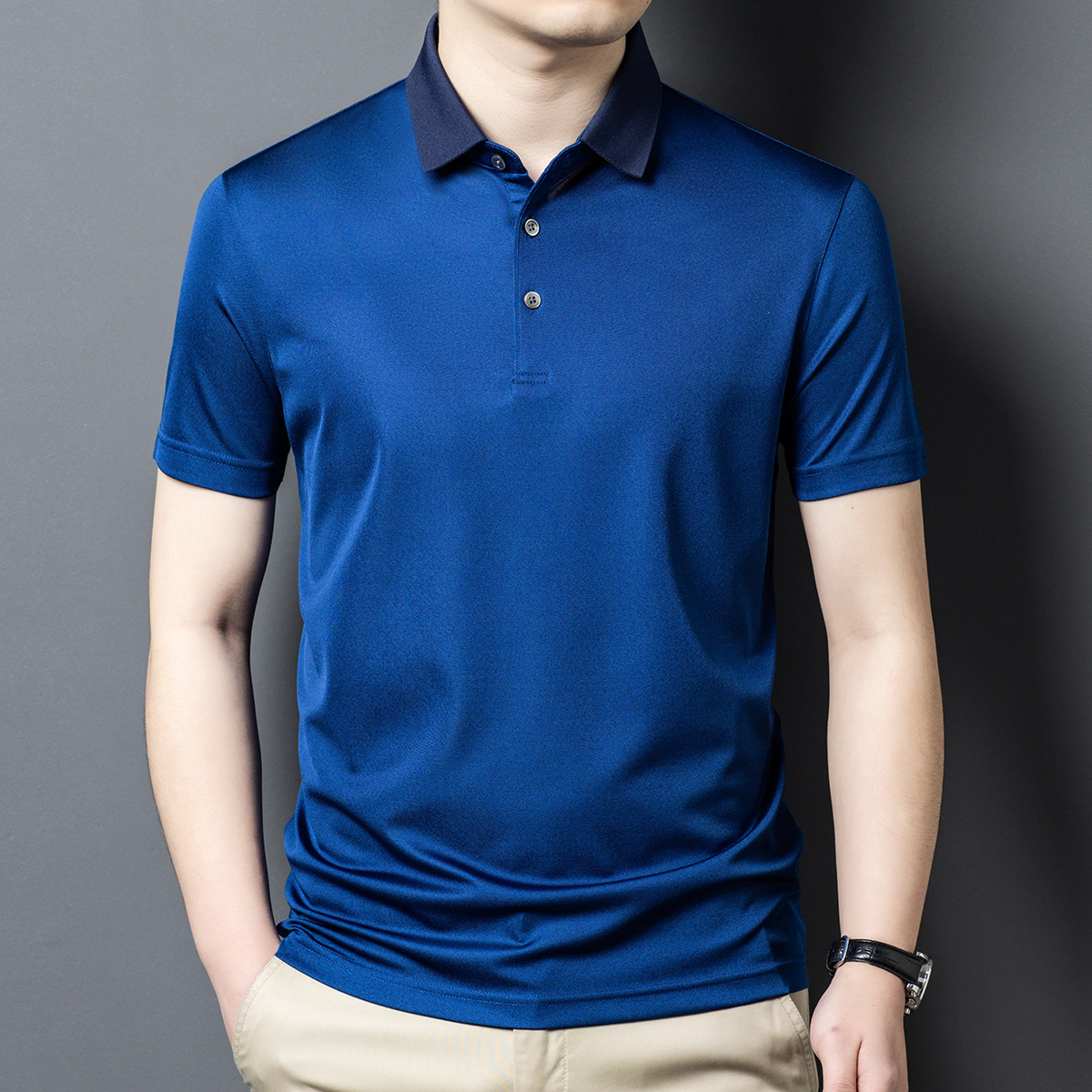 Áo sơ mi nam ngắn tay lụa tơ tằm trơn màu cao cấp — Màu xanh lam 25082