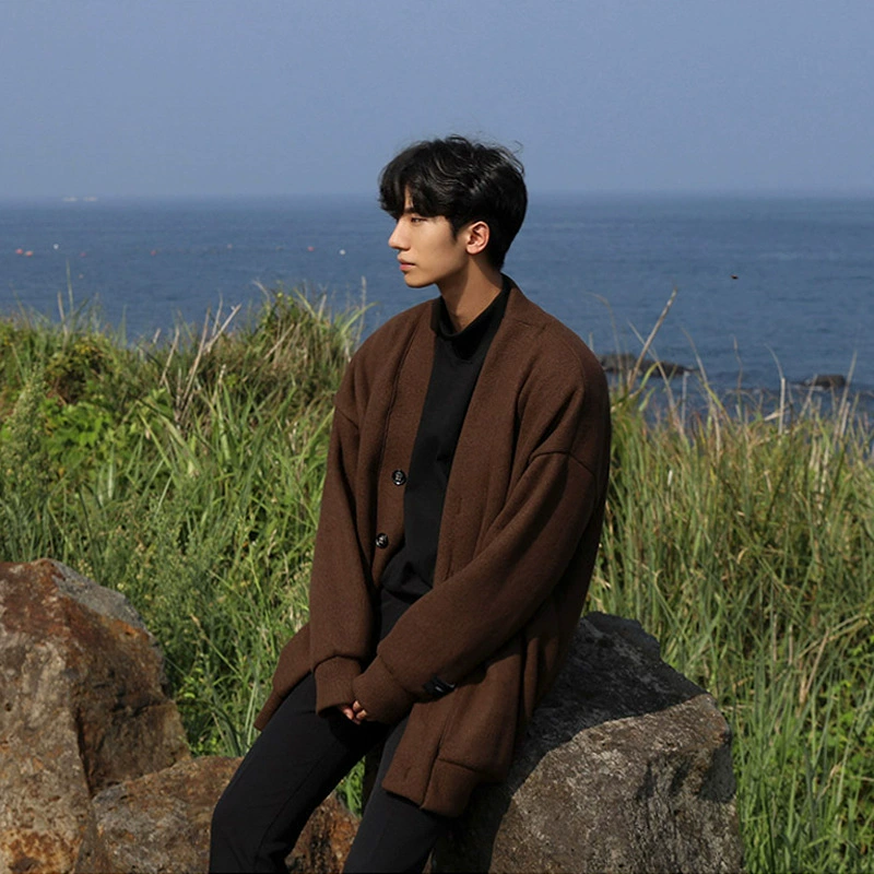 Осенний мужской кардиган MYQ, модный свитер, свободная верхняя одежда в Корейском стиле, вязаный свитер, персонализированная куртка в ленивом стиле