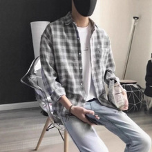 港风格子衬衫男士长袖宽松韩版百搭舒适学生秋季衬衣外套上衣寸衫