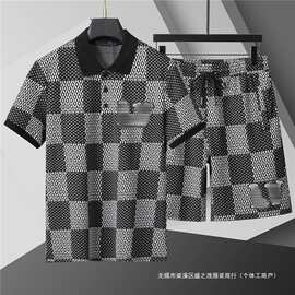 正确版高品质短袖套装翻领经典款字母满印棉质POLO套装男女同款