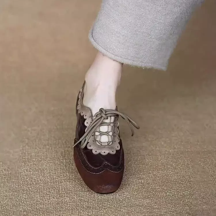 羊皮版~老钱风千金感2026休闲德训鞋女系带软底暴走舒适春季单鞋