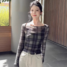 网纱复古格纹长袖T恤女夏修身显瘦防晒罩衫别致微透打底衫上衣女