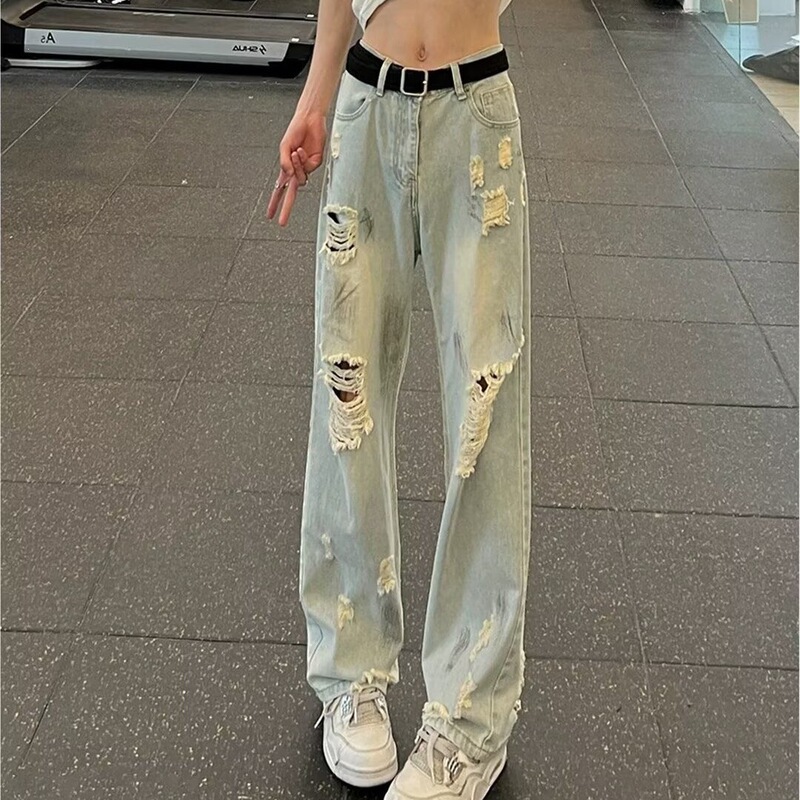Ripped Jeans for Men 2026 Summer Thin Style Trendy American High Street Style Cool Streetwear That Makes You Look Taller and Slimmer Straight-Leg Pants