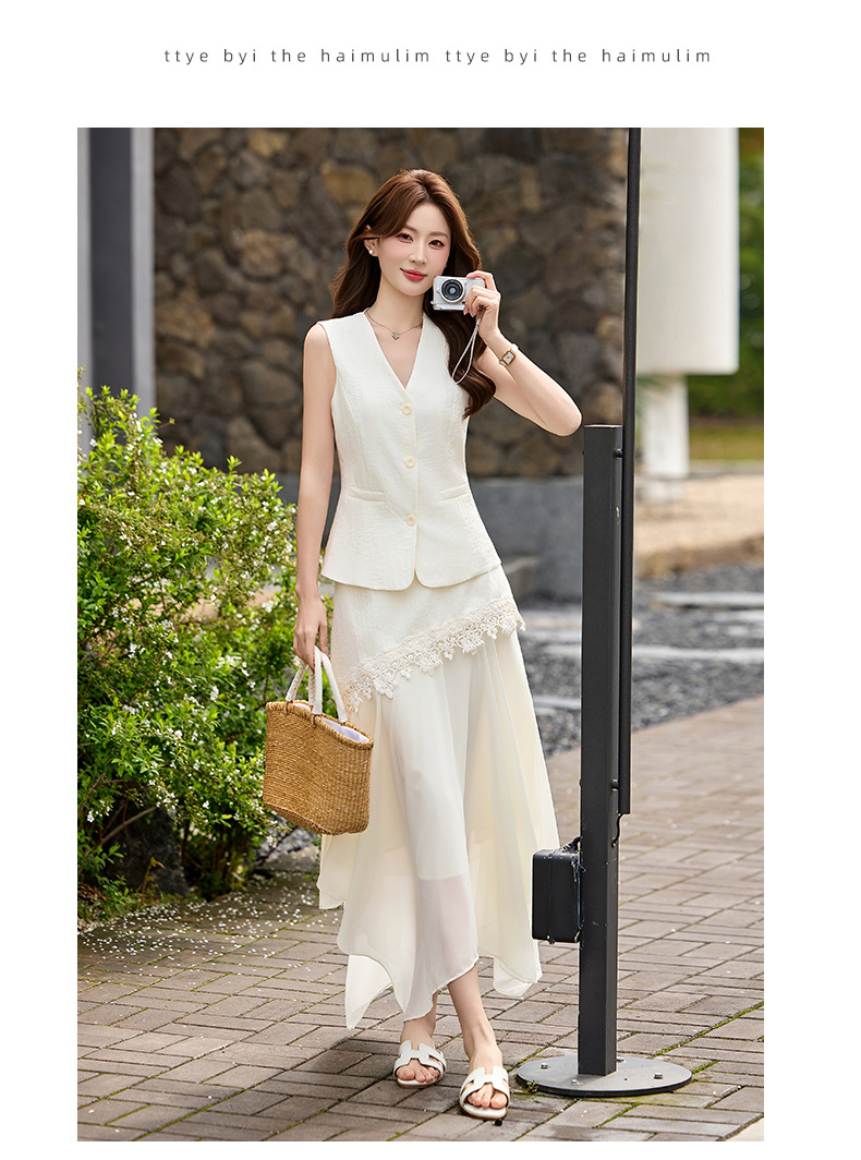 Bộ áo gile không tay và chân váy nữ cao cấp 2026 thiết kế thanh lịch tôn dáng hai mảnh YH6127 — Sữa hạnh nhân, màu trắng ngà chi tiết 18