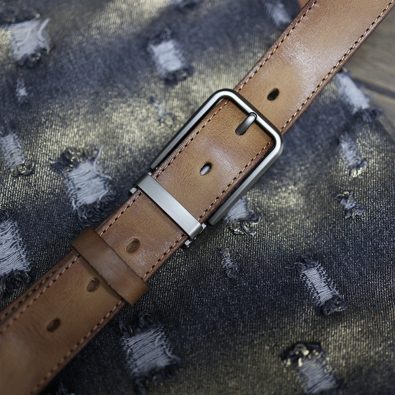 Handmade Top Layer Vintage Vegetable Tanned Pure Cowhide Pin Buckle Men's Workwear Pants Distressed Genuine Leather Belt_voghion.com