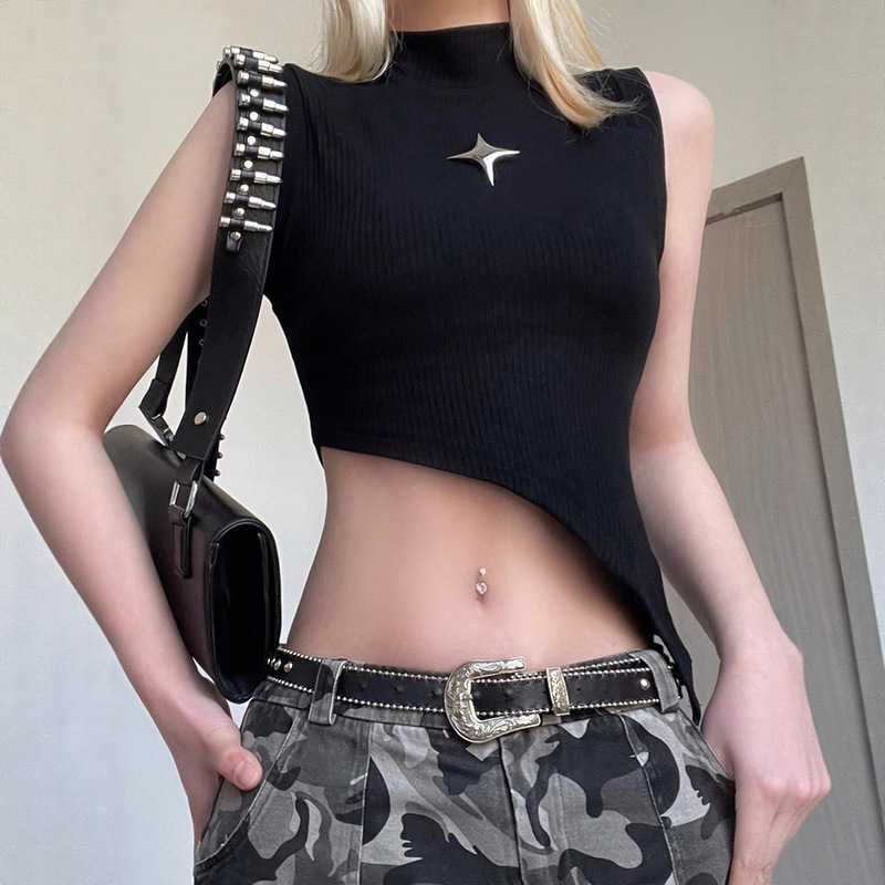 Street Style Functional Short Crop Top with Irregular Hem, Half-High Collar, Metal Decoration, Sleeveless Women's Top