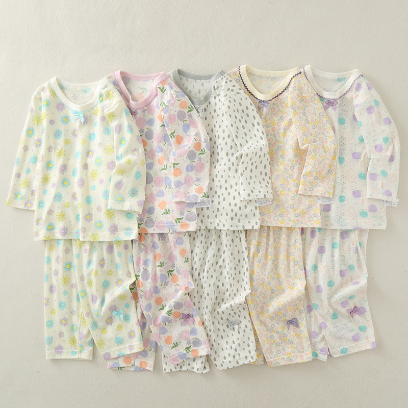 Baby's Long Sleeve Suit Pure Cotton Summer Thin Girls' Air Conditioning Suit Two-Piece High Waist Belly Protection Baby's Home Clothes Pajamas