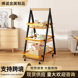 家用免打孔置物架客厅零食储物架带滑动脚轮可移动小推车收纳筐