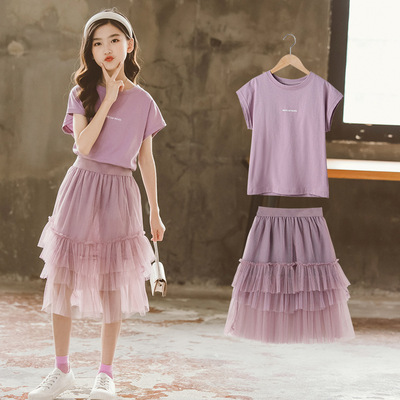 2021女童夏季新款韩版裙套装短袖T恤半身裙子蓬蓬纱裙两件套代发|ms