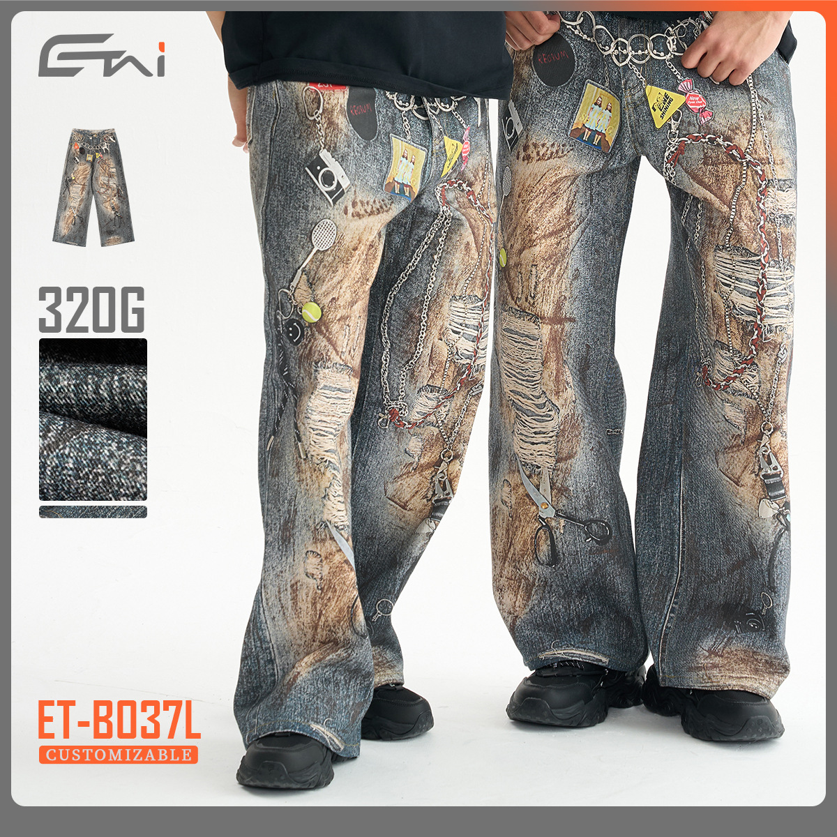 ETAI Hombre| Nuevo algodón recto impresión 3D pantalones casuales retro americano pesado botón jeans hombre