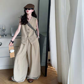 女童夏裤子套装中大童马甲阔腿裤两件套2025新款直筒裤拖地裤轻薄