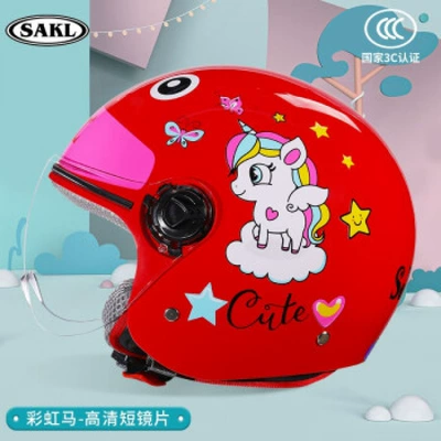 Children's Helmet Electric Motorcycle National: Motosiklet kaskı (dəbilqə) - 3c-rainbow-horse-red-short-mirror