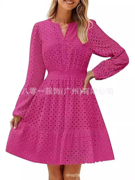 2024欧米の外国貿易クロスボーダー婦人服アマゾンの起爆vネックの透かし彫りの穴の刺繍綿の長袖のワンピース|undefined