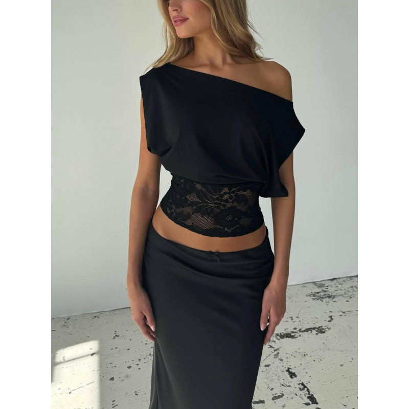 European and American New Ins Trendy Pure Color Slim Fit Versatile Sexy Waist-Cinching Lace Patchwork One-Shoulder Short-Sleeve Top European and American New Ins Trendy Pure Color Slim Fit Versatile Sexy Waist-Cinching Lace Patchwork One-Shoulder Short-Sleeve Top