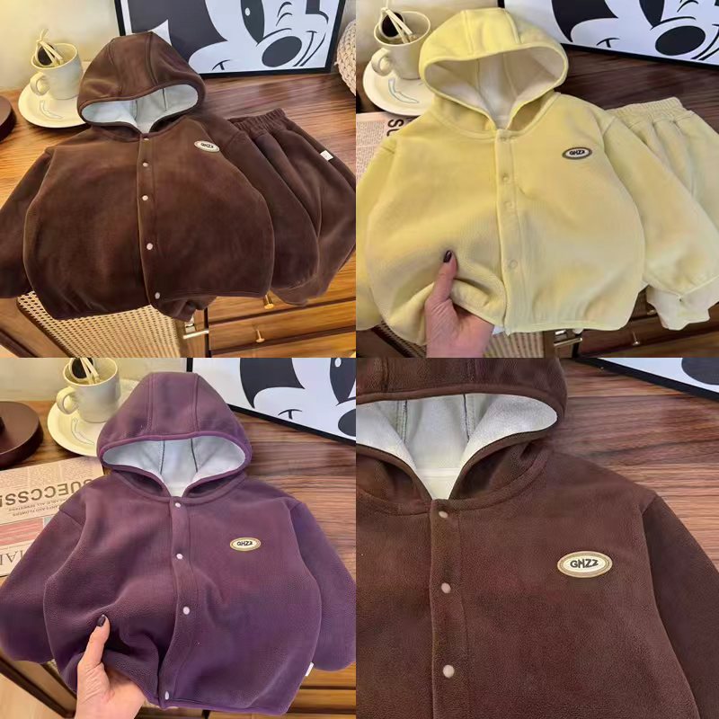 连帽奥粒绒套装儿童外穿加绒套装男女宝宝衣服秋冬季奥利绒衣服