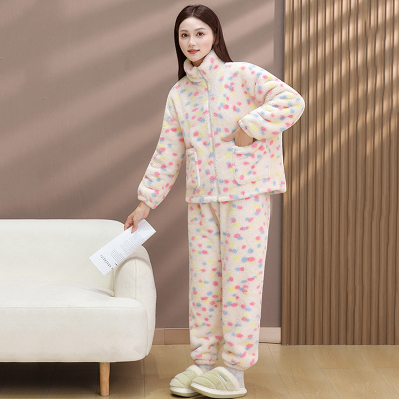 珊瑚绒睡衣女秋冬款加厚立领拉链装彩虹波点法兰绒家居服套装外穿|undefined