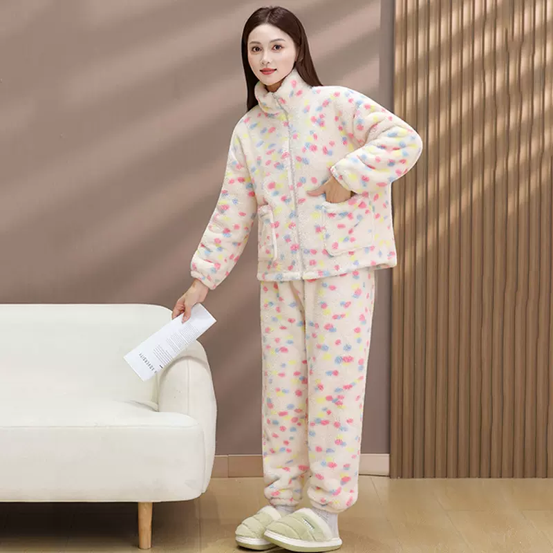 珊瑚绒睡衣女秋冬款加厚立领拉链装彩虹波点法兰绒家居服套装外穿