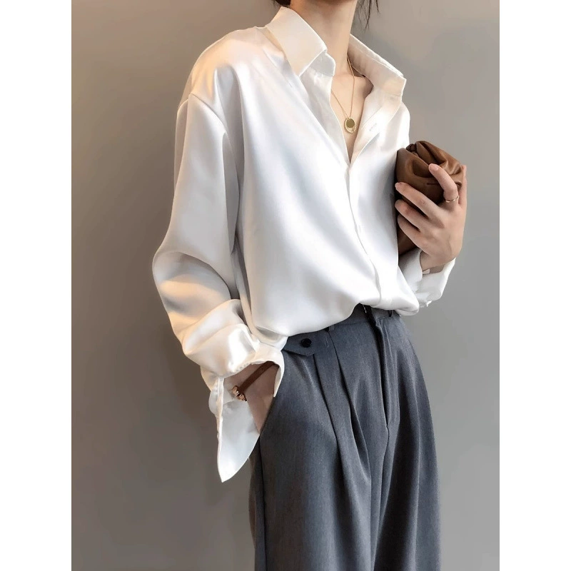 Осенняя атласная шелковая рубашка, блузка, женская белая свободная рубашка с длинным рукавом