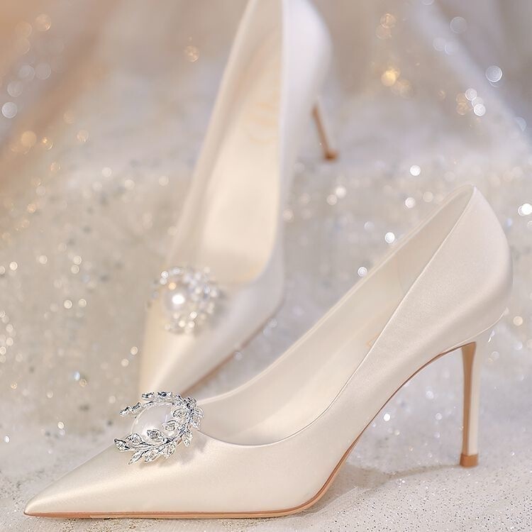 2026 New Satin Wedding Shoes, Bridal Shoes, White High Heels, Main Wedding Dress, French Style, Sexy Stiletto Heels