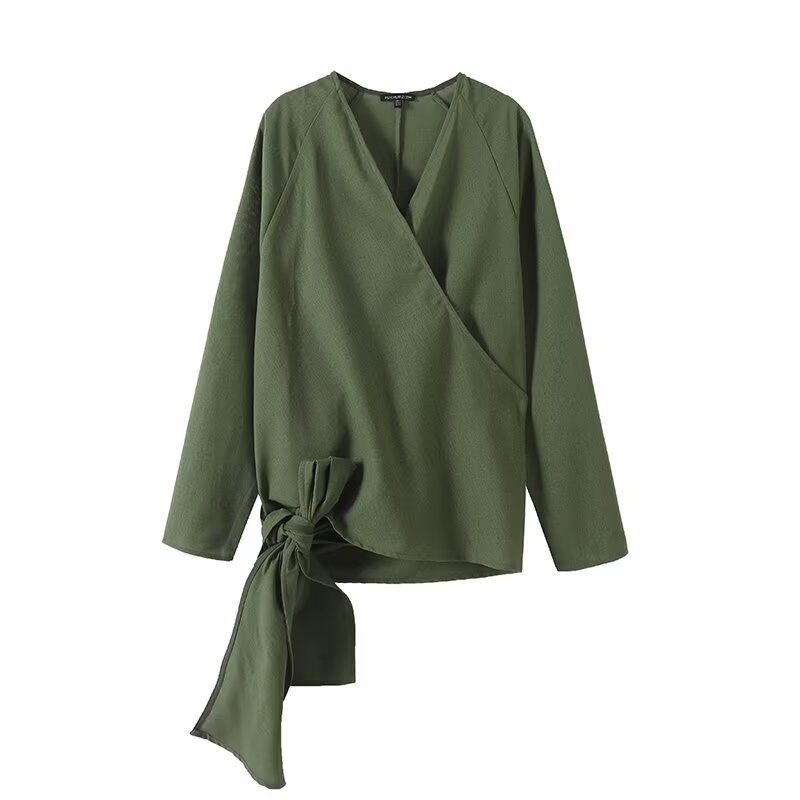 PB&ZA女装2025年秋季新款  潮流风交叉门襟系带设计感亚麻V领衬衫