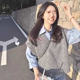 慵懒风灰色无袖背心针织马甲女春秋秋冬外搭毛衣叠穿衬衫坎肩马夹