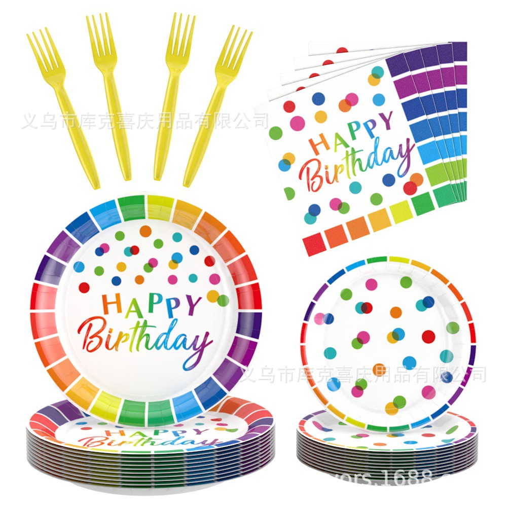 Venta caliente arco iris lunares fiesta de cumpleaños decoración decoración bandeja de papel desechable toalla de papel mantel juego de decoración de bandera brala
