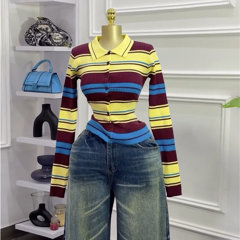 European and American Cross-Border Women's Clothing 2026 Spring New Vintage Age-Reducing Style Colorful Striped Long-Sleeve Knitted Cardigan Top
