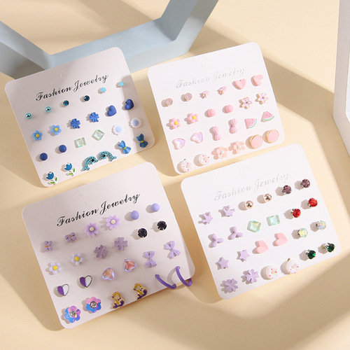 Korean-style fashionable minimalist 12 pairs of heart-shaped small pleated chrysanthemum ear stud set C-type earrings trendy earrings for women