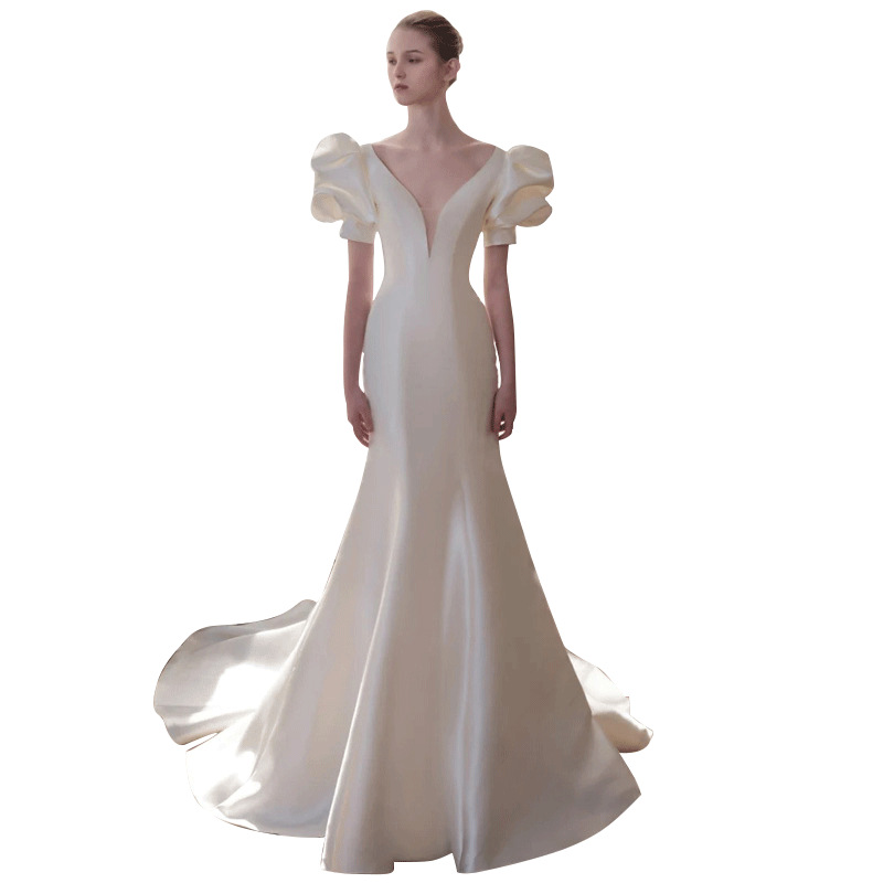 Vestido de novia estilo sirena para fotografía de viajes, elegante, estilo francés, con pequeña cola, estilo bosque sencillo, para mujer, novedad 2026.