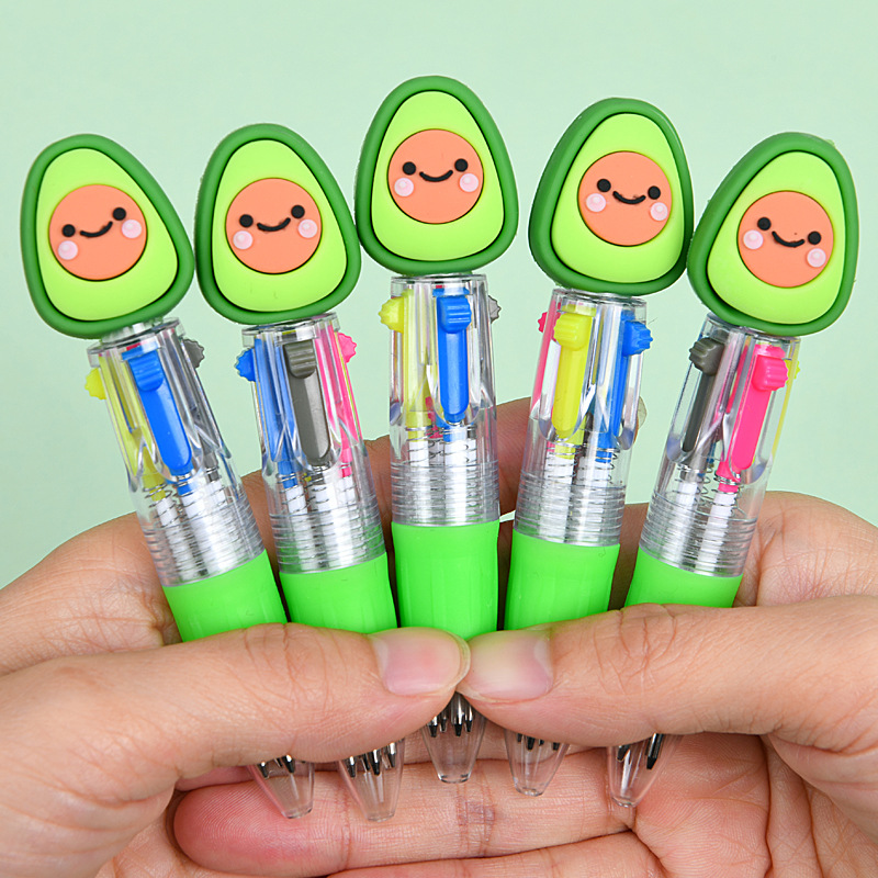 Caricatura de aguacate encantadora mini bolígrafo de cuatro colores todo en uno bolígrafo de cuentas de mano de color para estudiantes premios papelería al por mayor