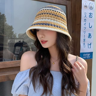 防晒帽子女夏季条纹针织镂空遮阳帽透气薄款渔夫帽时尚草编太阳帽