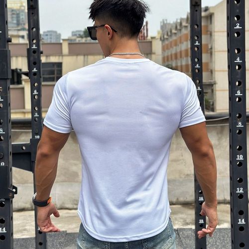 American Summer Muscle Fitness Brother Slim Fit Trend Brand Short Sleeve Men's Flow Mesh Plain Color T-Shirt Training Crew Neck Top