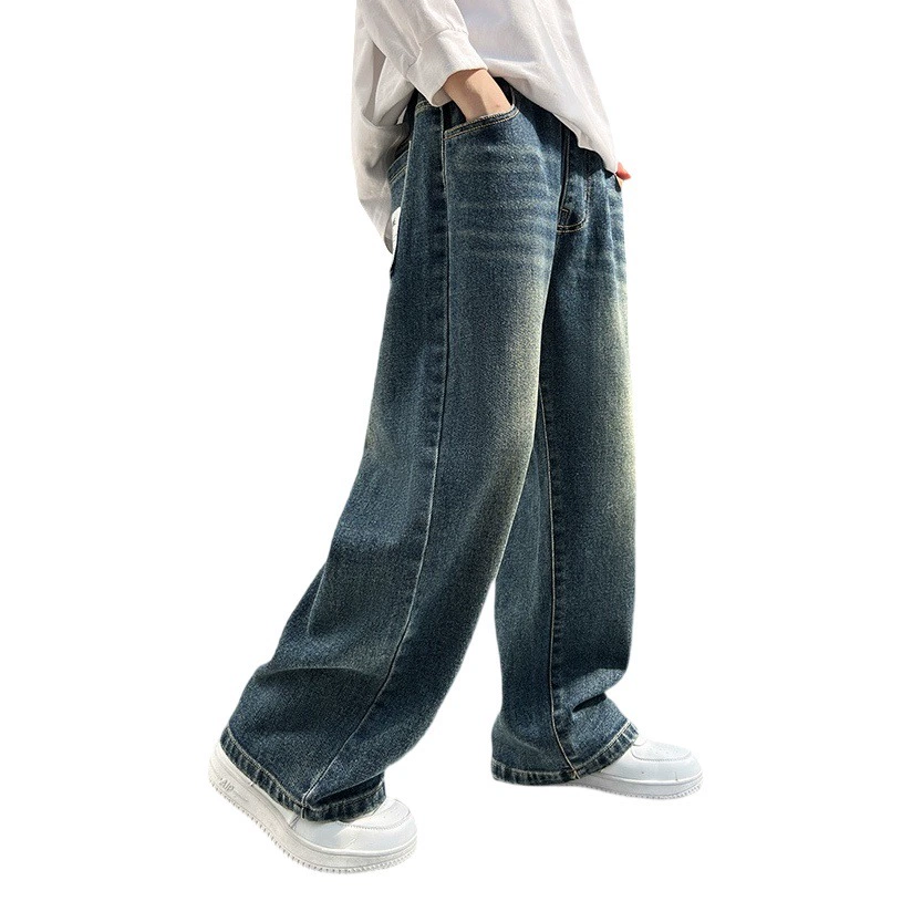 Брюки для мальчиков в стиле внешней торговли, широкие брюки для весны и осени, прямые джинсы для мальчиков на осень и зиму с флисовой подкладкой.