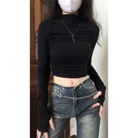 美式黑色褶皱正肩长袖恤女春秋短款修身显瘦设计感百搭短款上衣