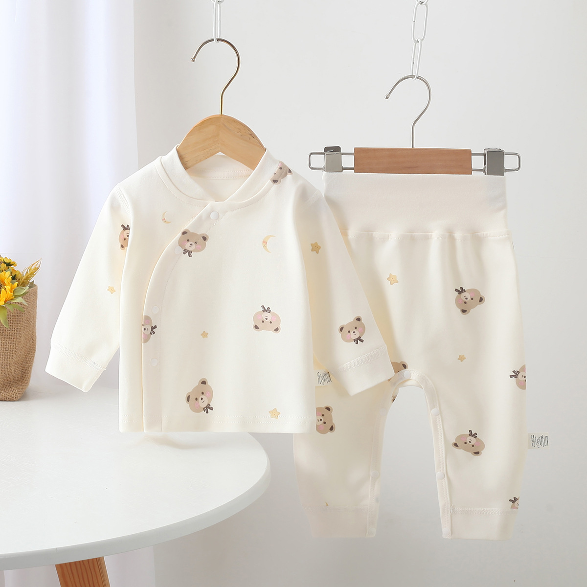 Newborn Autumn Clothes and Long Pants, Pure Cotton, Class A, No Need to Take Off, High Waist, Belly Protection, Baby Clothes, Spring and Autum Split Suit