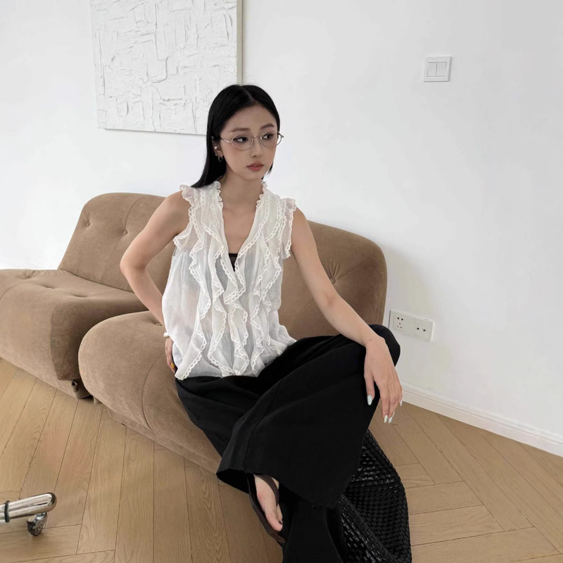 Dtwo Spring/Summer New Original Design Thirteen Lines Women's Clothing Wholesale Ruffled Edge Sleeveless Shirt 6221113