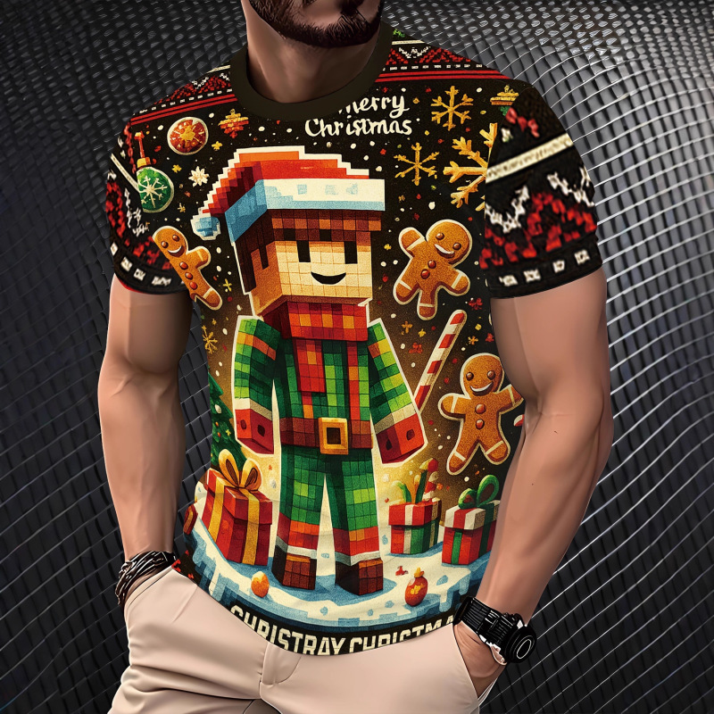 Cross-Border Exclusive European and American 3D Printed Summer Short-Sleeved T-Shirts Christmas Eve Christmas Loose Casual Men's and Women's T-Shirts