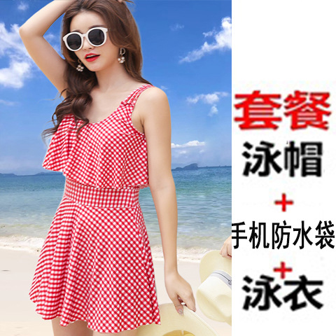 빨간색 수영복 + 수영 모자 + 휴대폰 방수 가방