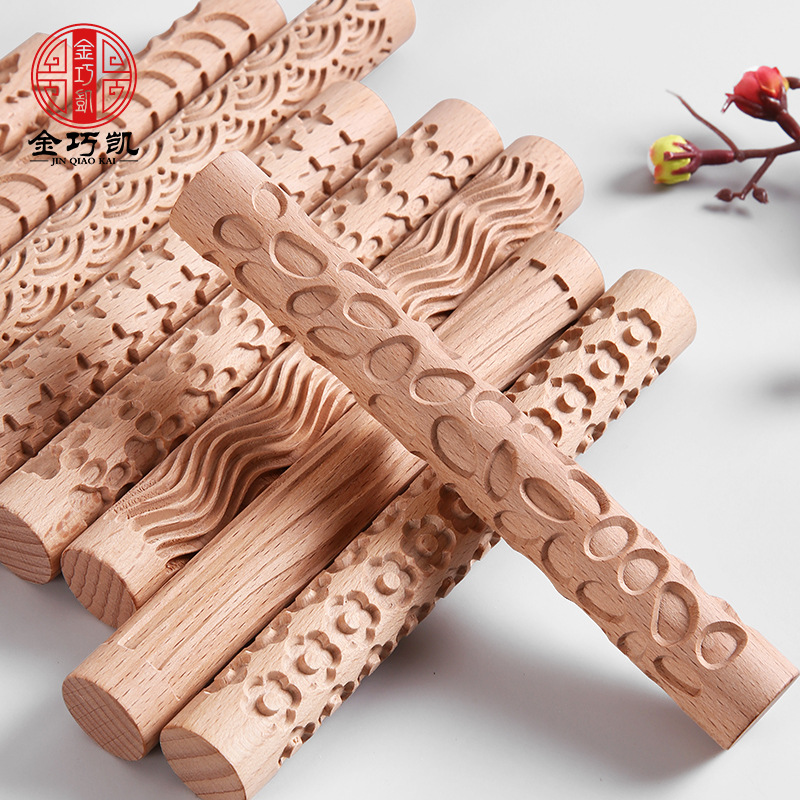 Cross-Border Beech Wood Rolling Pin Clay Tool Wooden Rolling Pin Biscuit Mold Rolling Pin Clay Stick Printing Stick